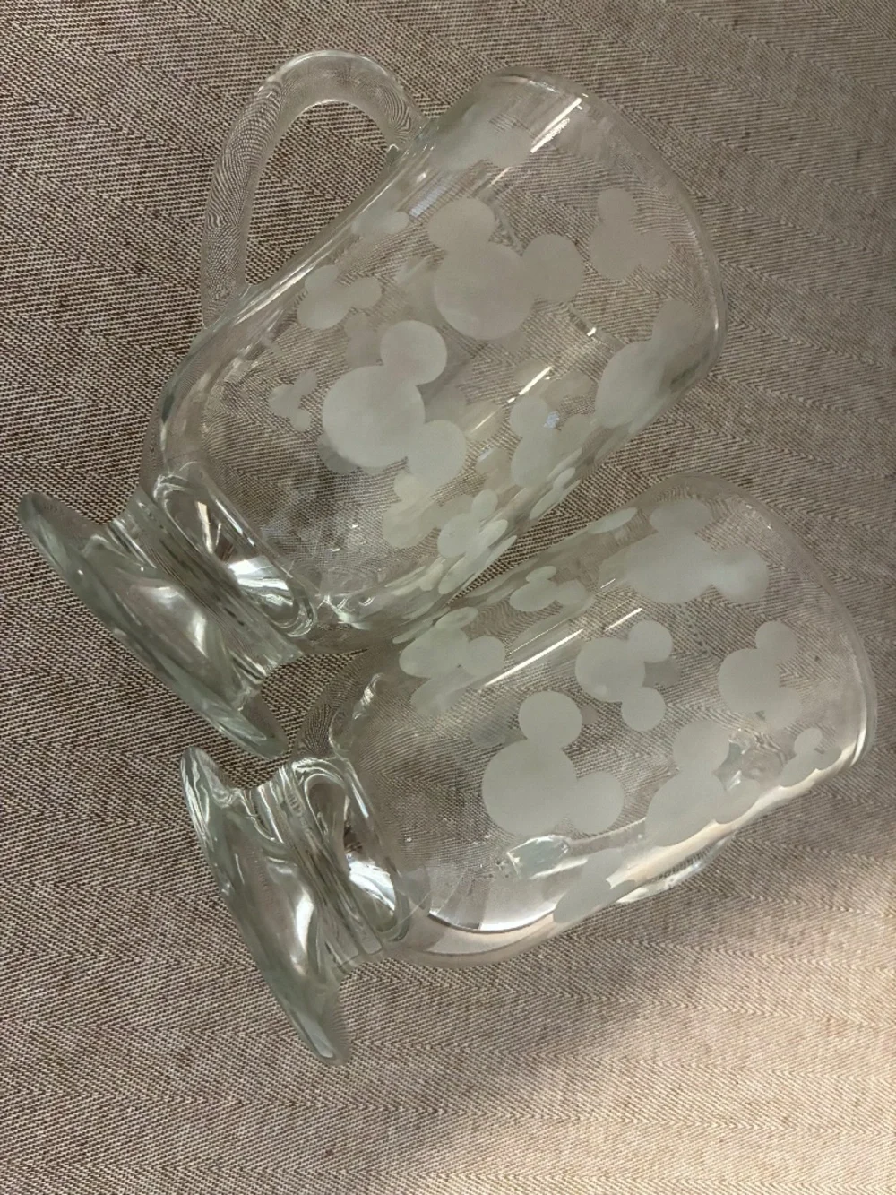 Vtg Disney Mickey Mouse Frosted Etched Pedestal Mugs by Libbey Glass set of 2